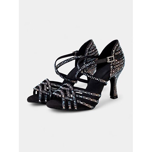 mit Strasssteinen verzierte Gesellschaftstanzschuhe für Damen mit Kreuzriemendesign und Wildledersohle – ideal für Salsa, Latein und Performance-Veranstaltungen Image