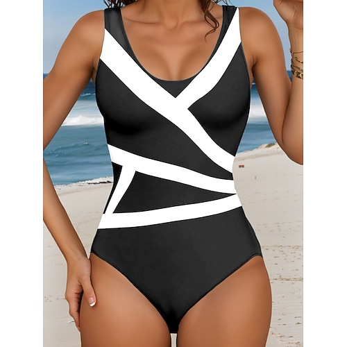 Damen Einteiler Badeanzug Slimming Farbblock Monokini Rückenfrei Bauchkontrolle Hohe Taille Slim Urlaub Strandbekleidung Geometrischer U-Ausschnitt Ärmellose Badeanzüge Image