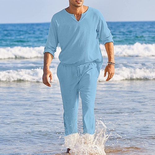 Herren Hemd aus Baumwollleinen Weißes Baumwollhemd 2 Stück Hemden-Set Knopfhemd Sommerhemd Schwarz Weiß Rosa Langarm Glatt V Ausschnitt Frühling Sommer Outdoor Festtage Bekleidung Image