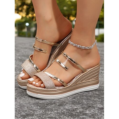 silberne Glitzer-Keilsandaletten mit metallischen Riemchen – bequeme Damenschuhe für Freizeit und Party Image