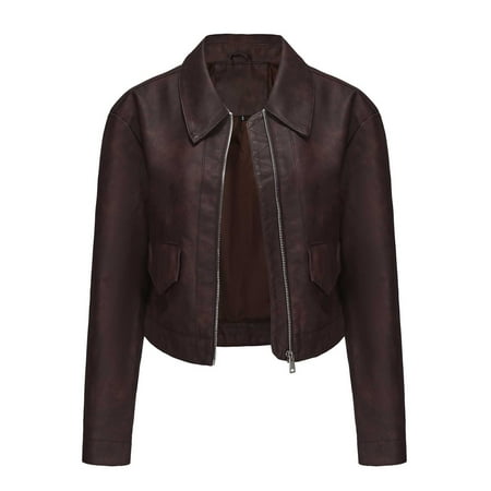 Ashirexll Leather Jacket Women Fall Oversized Solid Color Short Thin Leather Jacket Long Sleeve Lightweight Zip Up Motorcycle Jacket Biker Coat Brown XL