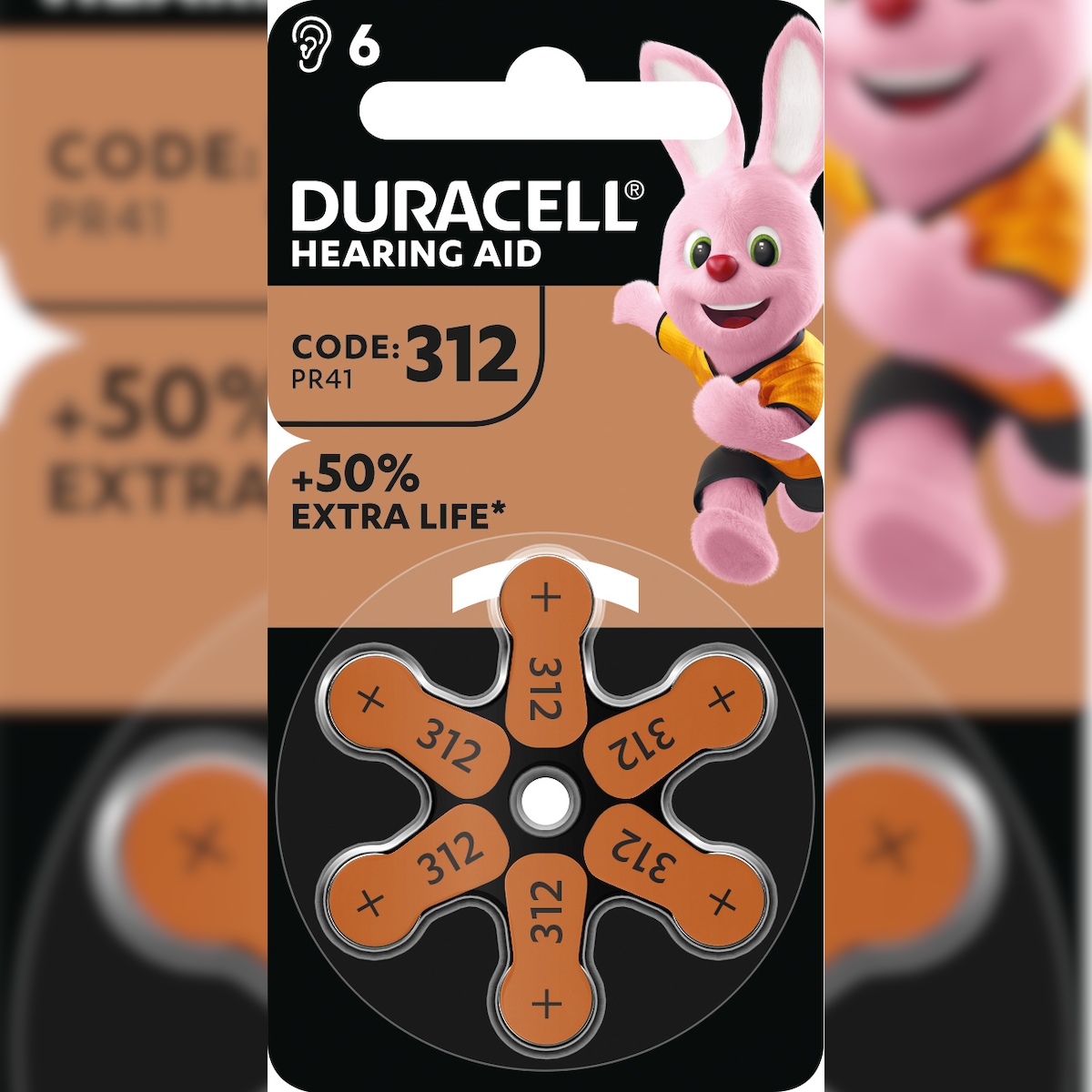 Duracell Batterie Zinc Air, 312, 1.4V Easy Tab, Retail Blister (6-Pack) Hörgerätebatterie Image
