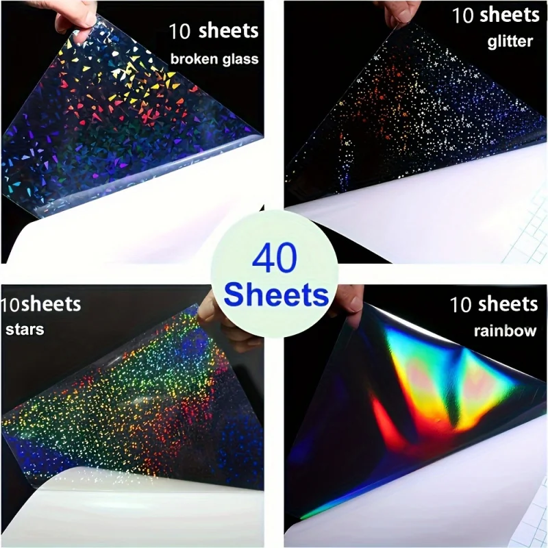 A4 40 Blatt selbstklebende Kaltlaminierfolie mit 4 Stilen gemischtem holografischem Vinyl-Aufkleber Image