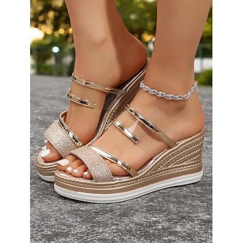 sandales compensées à paillettes argentées avec brides métalliques – chaussures confortables pour femmes pour une tenue décontractée et de fête
