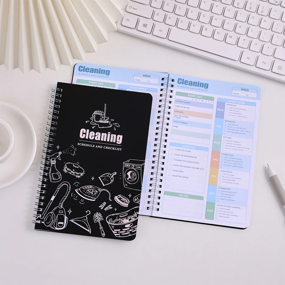 48-Blatt-Reinigungsplaner mit schwarzer PVC-Abdeckung, täglicher, wöchentlicher, monatlicher Organizer, Reinigungsliste und Checkliste für Heimbürobedarf Image
