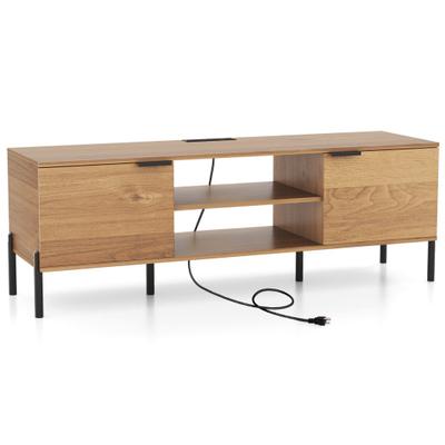 Costway 2-Door TV Stand with Charging Station and Open Shelves for TVs up to 65 Inches-Natural