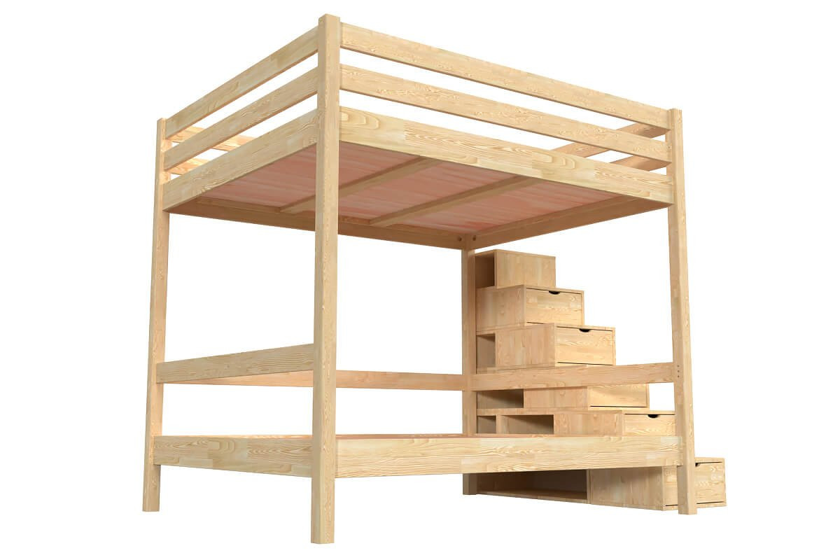 Lit superposé 160x200 double escalier cube Sylvia - Brut (sans vernis)