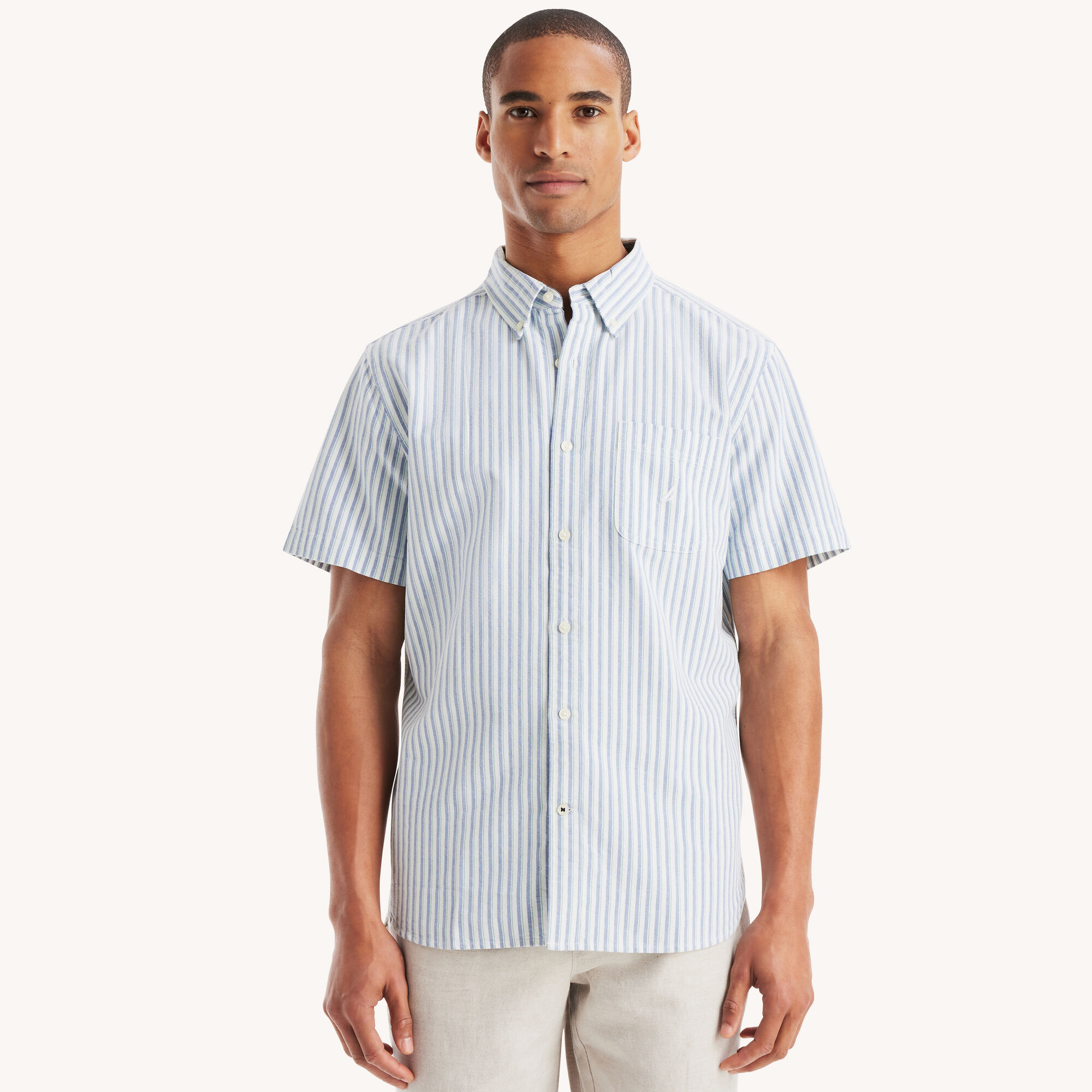 Nautica Men's Striped Oxford Short-Sleeve Shirt 101 (Bright White), S