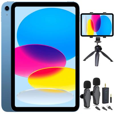 Apple 10.9" Wi-Fi iPad (10th Gen) 64GB Blue + 2-Person Wireless Lavalier Mic Set + 6" Tabletop Tripod & HandGrip + Tablet Cradle