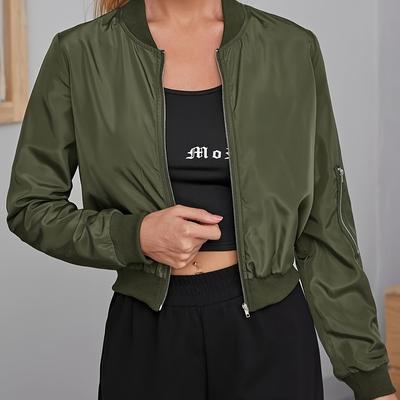 TEMU Plain Up Jacket, Elegant Long Sleeve Baseball Collar Jacket For Fall & Spring, Women's Clothing Image