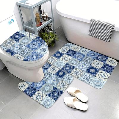 TEMU 3pcs Elegant Geometric Bath Mat Set - Soft, Non-slip, Machine Washable Floor Mats With U-shaped Toilet Mat, Ideal For Bathroom Decor, Bathroom Accessories|geometric Pattern|polyester Mats Image