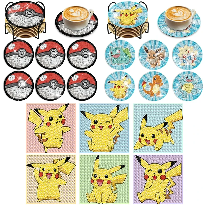 6 pièces Pokemon bricolage diamant peinture dessous de verre Pikachu diamant Art mosaïque boisson tasse Pad Table napperon avec support décor à la maison cadeau