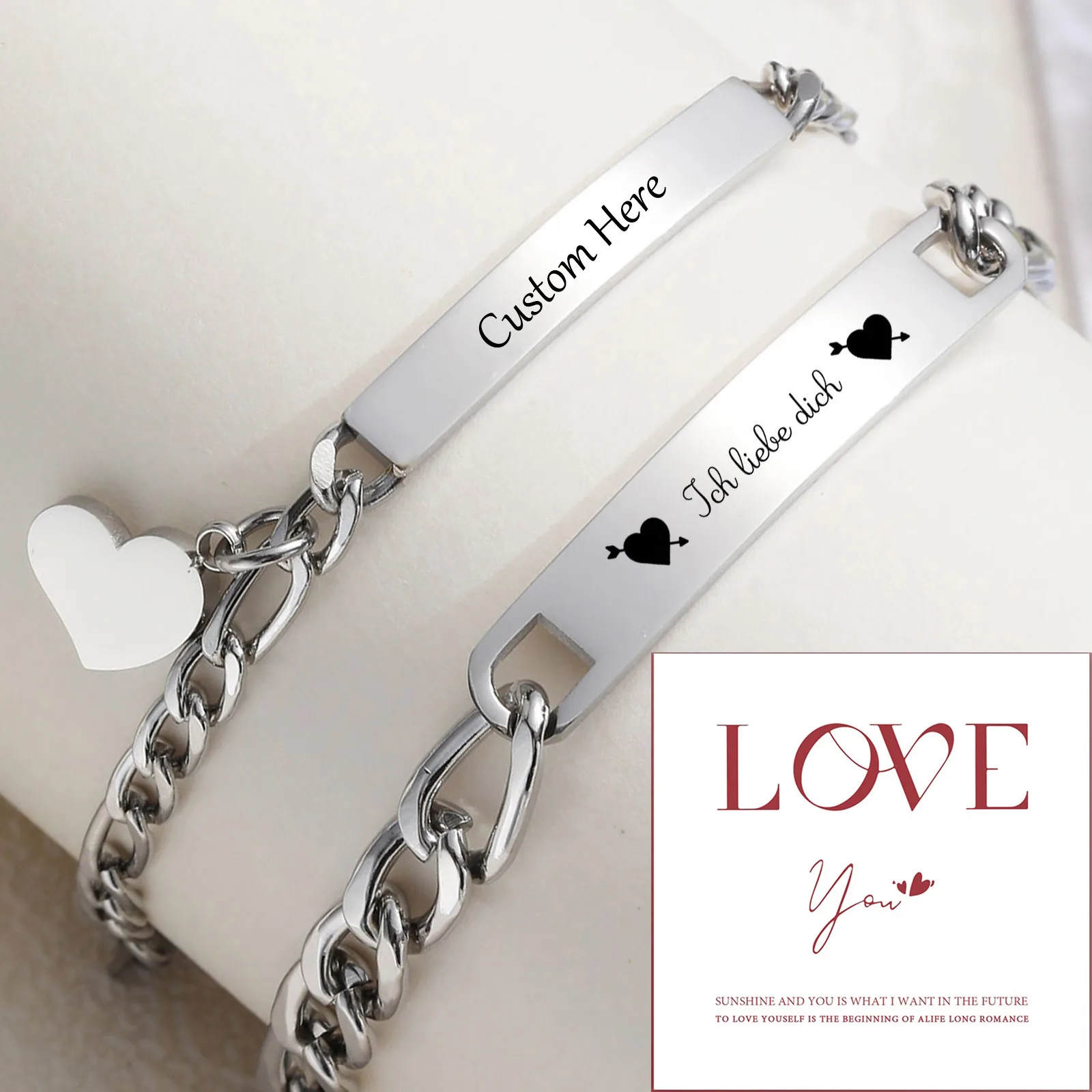 Vnox individueller Valentinstagsgeschenk-Schmuck für Paare, Liebesversprechen-Armbänder für Damen und Herren, Figaro-Kettenarmbänder mit Herzanhänger Image