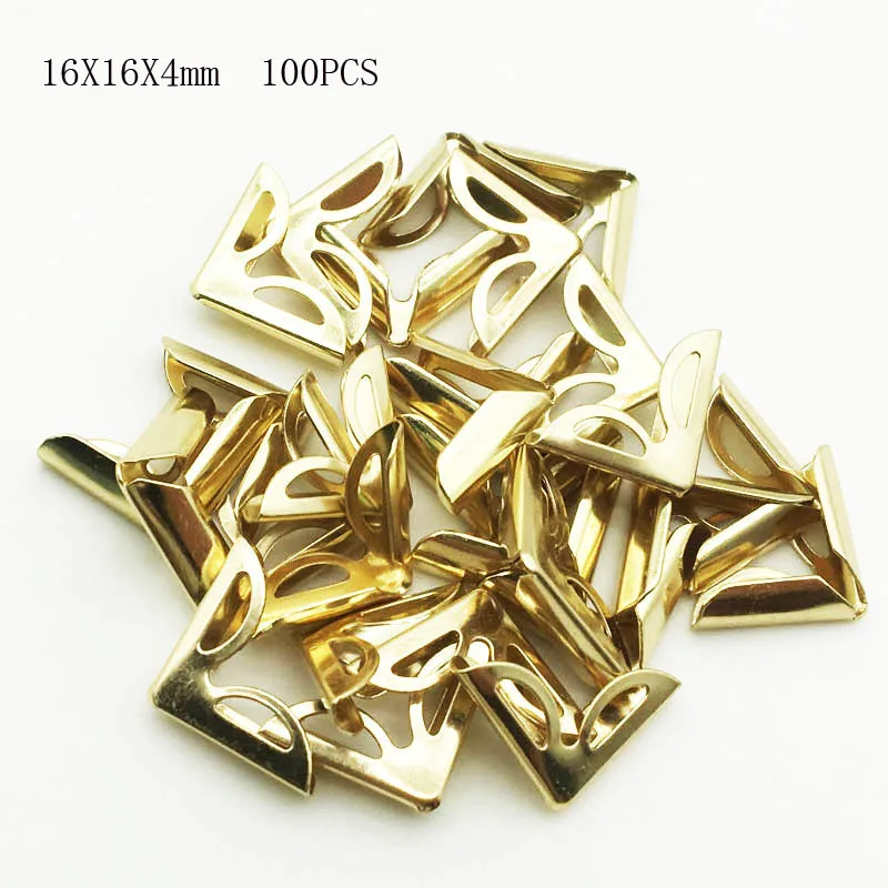 Coins de livres en métal doré, 100 pièces/lot, 16x16x4mm, pour Albums photos, menus, dossiers, bricolage, Scrapbooking, décor, protecteurs d'angle, BJ003