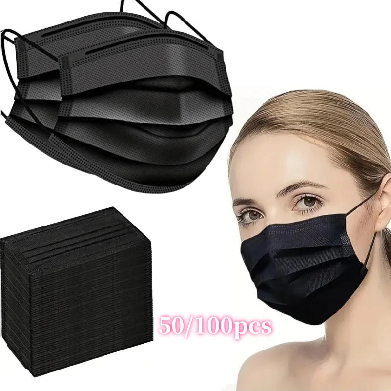 100 Stück schwarze Einweg-Gesichtsmasken, 3-lagige, atmungsaktive Anti-Staub-Schutzmasken für den täglichen Gebrauch auf Reisen, Arbeit, Gesichtspflege-Zubehör Image