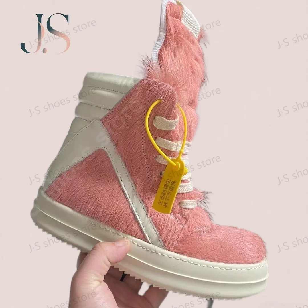 R-o Klassische Stiefel Herren Schuh Rosa Pferdehaar Damen High Top Schuhe Sneaker Weißes Leder Rosa Rosshaar Stiefeletten Außerhalb Turnschuhe