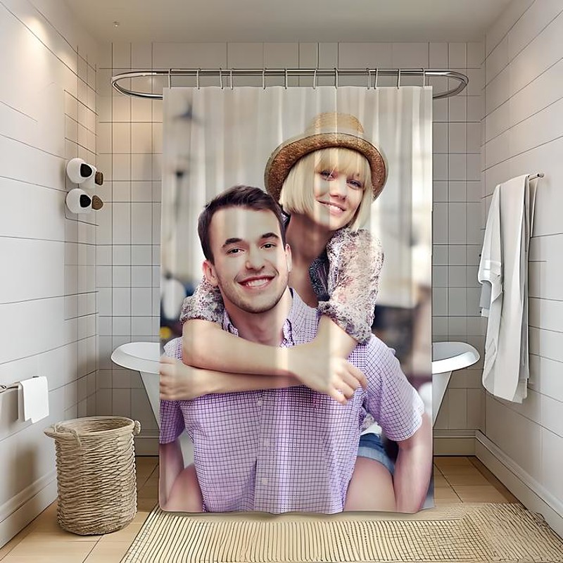 Personalized Photo Shower Curtain with 12 Hooks- Custom Wedding Gift for Couple Wedding Gift Bathroom Decor Fabric Waterproof Washable Upload Your Image Photo Picture for Bathroom Hotel