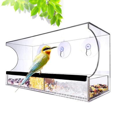 Window Bird Feeder with Strong Suction Cups - Transparent Acrylic Bird Feeder with Roof and Drain Holes for Window Outside 30x10x13 cm