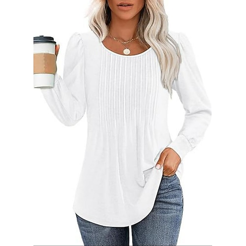 Damen Hemd Bluse Gerafft Einfarbig Basic Lässig Langarm Rundhalsausschnitt Normale Oberteile Täglich Blau Schwarz Weiß Rosa Wein Sommer Frühling Image