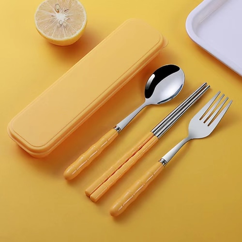 3-in-1-Campingbesteck-Set aus Edelstahl mit wiederverwendbarer Kunststoffhülle, tragbares Löffel-Gabel-Essstäbchen-Set für Camping-Picknick Image