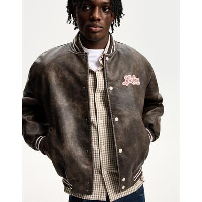 Bershka Faux Leather Bomber Jacket Men Xl Brown