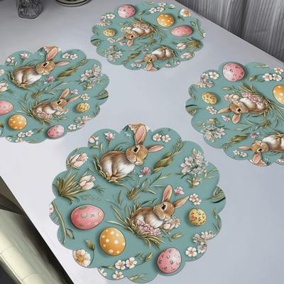 TEMU 4pcs Round Placemats - Bunny & Floral , Durable Polyester, Anti-slip Heat-resistant 15x15 Inch Table Mats For Holiday Dining Decor, Easy To Clean, Festive Tableware, Material Image