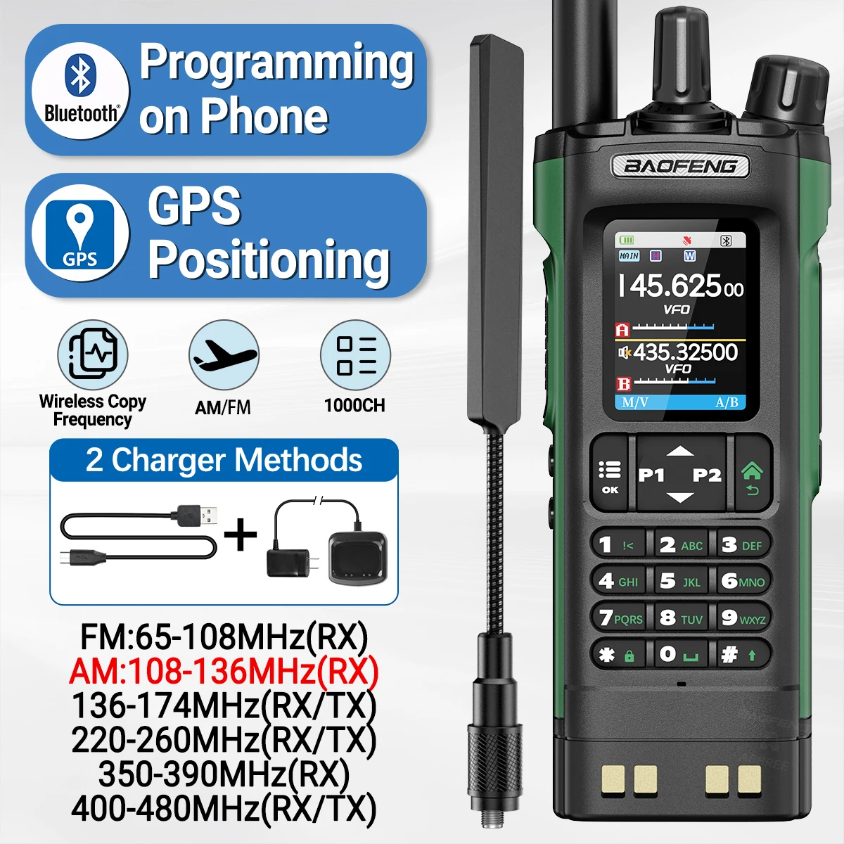 BAOFENG UV-32 GPS Walkie Talkie 10W Multi Band Bluetooth Programmierung Drahtlose Kopierfrequenz NOAA Long Range Ham Two Way Radio Image