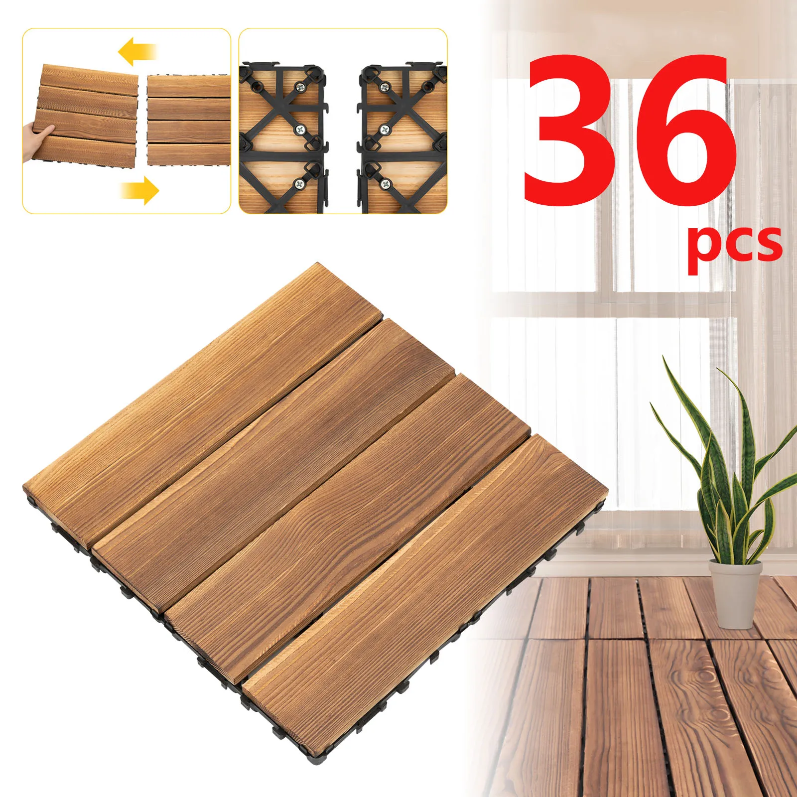 3.24 ㎡ Außenbodenfliesen, ineinandergreifendes Holzdeck – 30 x 30 cm, quadratisch – wasserdicht für Terrasse, Hinterhof, Braun – 36er-Pack Image