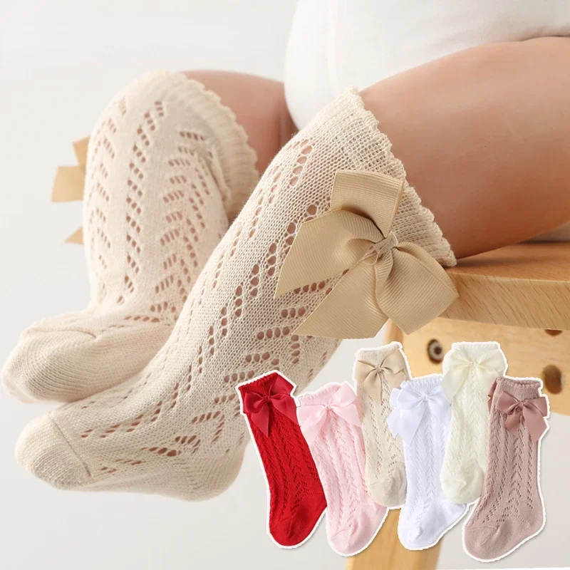 0-7Yrs Baby Mädchen Socken Kleinkinder Bogen Lange Socke Kinder Kniehohe Weiche Baumwolle Mesh Spanischen Stil Aushöhlen Spitze Baby Socken Image