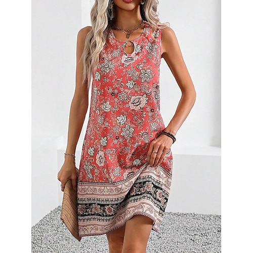 Per donna Mini abito Abito casual Abiti Boho Chic Abito senza maniche Abito boho Boemia Informale Boho Da mare Giornaliero Spiaggia Morbido Floreale Senza maniche Girocollo Rosso Beige Estate
