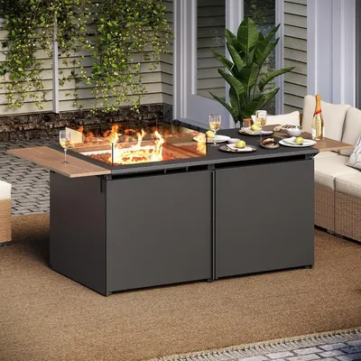Fire Pit Table for Outside Patio, Propane Firepit with Expandable Tabletop & Wind Guard