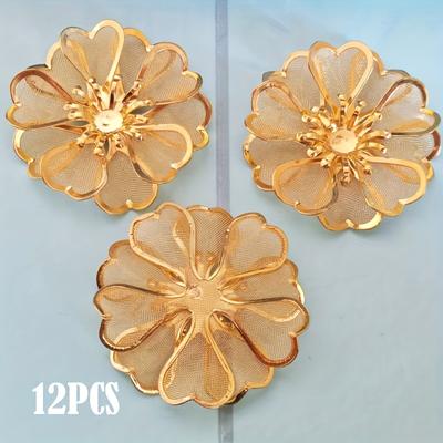 TEMU 12 Golden Three-dimensional Hollow Flowers, Three-layer Mesh Flower Handicrafts, Suitable For Diy Handmade Accessories, Holiday Decoration Accessories, Beads, Jewelry Making Supplies, Room Decor Image