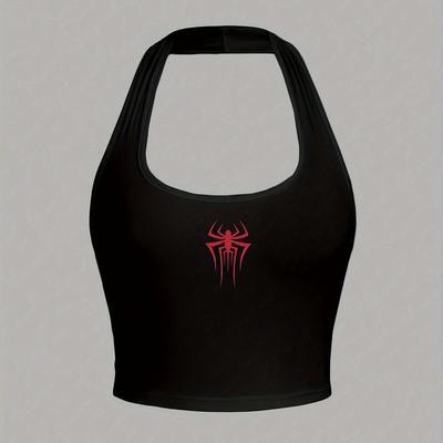 TEMU Spider Pattern Halter Neck Top, Y2k Backless Halter Top For Summer, Women's Clothing Image
