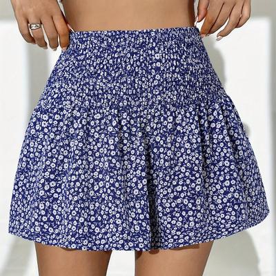 TEMU 1pc Elegant Floral Polyester Skirt For Women - Shirred Waistband, Woven Fabric, Spring/summer/fall Fashion Short Skirt Image