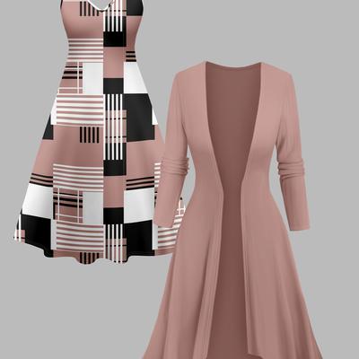 TEMU Women's Elegant 2pcs Suit Set - V-neck Cardigan Coat And Geometric Print Dress, Polyester 95% Elastane 5%, Knit Fabric, 180g/m² - Stylish And Comfortable Outfit Image
