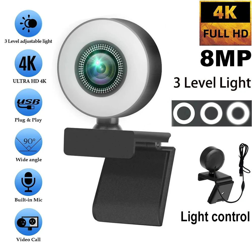 Webcam 4K 2K 1080P Controllo della luce Full HD 8MP Webcam PC Laptop Messa a fuoco automatica Streaming live flessibile con microfono Trasmissione in diretta