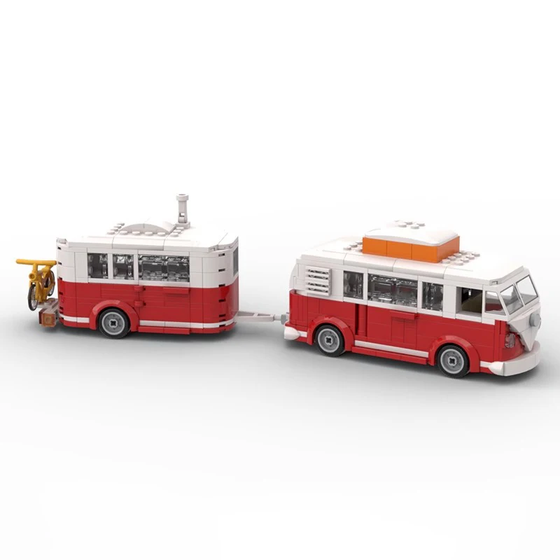 MOC Technisches Auto, kreativ, VW T1, Wohnmobil, Wohnwagen und Anhänger, 6 Bolzen, Breite, Stadt-Camp-LKW-Sets, Bausteine, Kinderspielzeug, Geschenk Image