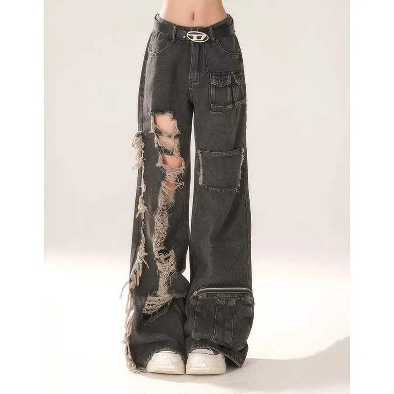 Hohe Taille zerrissene Damen schwarze Jeans Hip-Hop-Stil Mode Vintage Streetwear Y2K weites Bein Jean Hose Baggy Denim Hose