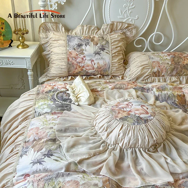 Falten rüschen Französisch Vintage Flamingo tropische Blätter botanischen Druck Bettwäsche-Set reine Baumwolle Bett bezug Bett Rock Kissen bezüge Image