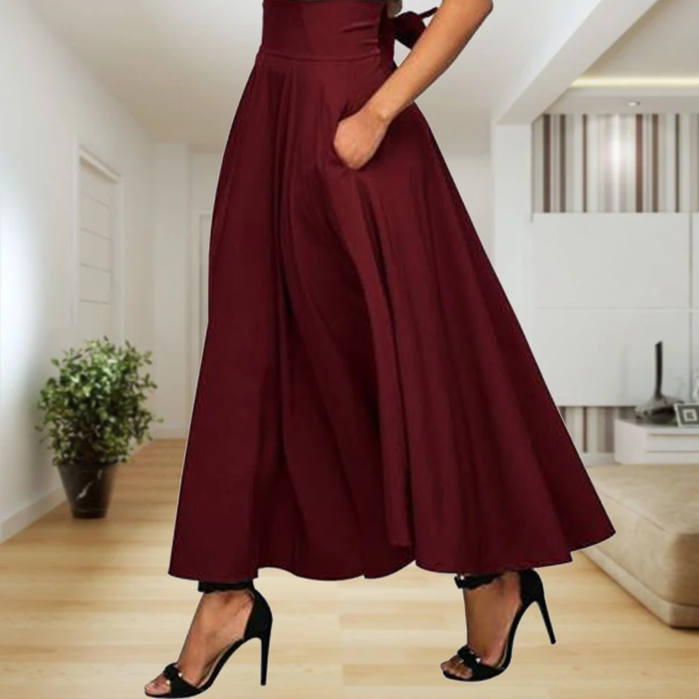 Femmes mode Vintage solide jupe longueur cheville évasé balançoire Satin jupes complètes avec poche taille haute plissée jupe longue