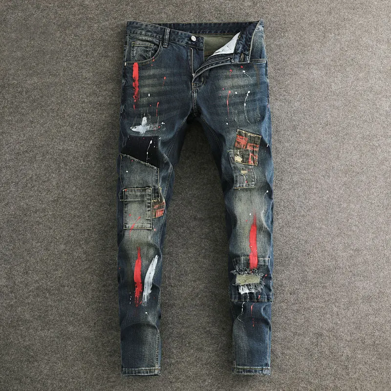 Street Fashion Männer Jeans Retro Gewaschen Blau Stretch Gemalt Zerrissene Jeans Männer Gepatcht Designer Hip Hop Vintage Dünne Denim Hosen