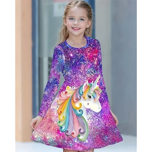 Mädchen' 3D Graphic Einhorn Kleid Langarm Sommer Frühling Urlaub Täglich Festtage Prinzessin Schön Süß kinderkleidung 4-12 Jahre Casual kleid A Linie Kleid Knielang Regular Fit Image