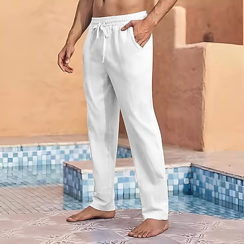 Herren Leinenhosen Hose Sommerhose Gaze-Hosen Elastischer Bund Kordelzug Gerader Schnitt Einfach Komfort Atmungsaktiv Volle Länge Täglich Ferien Schwimmbad Urlaub Mode Schwarz Weiß Image