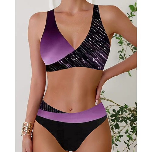 Damen Tankini Bikini, Zweiteiler V-Ausschnitt Bademode Streifen Badeanzug Schwarz Wein Atmungsaktiv Schnelltrocknend Leichtgewichtig Ärmellos - Schwimmen Surfen Strand Sommer Frühling Image