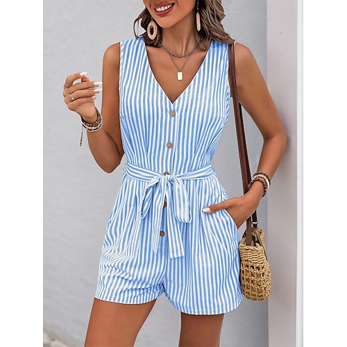 Damen Normal Kurz Jumpsuit Aktiv Gestreift Ärmellos V Ausschnitt Knopf Tasche Urlaub Täglich Lockere Passform Khaki Leicht Blau Sommer Image