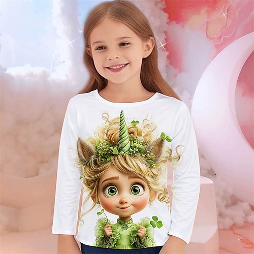 Mädchen 3D Grafik Cartoon T-Shirt Langarm Frühling Herbst Mode Basic Kinder 4-12 Jahre Rundhalsausschnitt Outdoor Lässig Täglich Normale Passform Image
