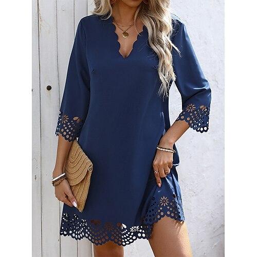 Damen kleid lang Casual kleid A Linie Kleid Stilvoll Basic Brautkleider schlicht Party Arbeit Täglich Regular Fit Glatt Langarm V Ausschnitt Schwarz Blau Sommer Frühling Herbst