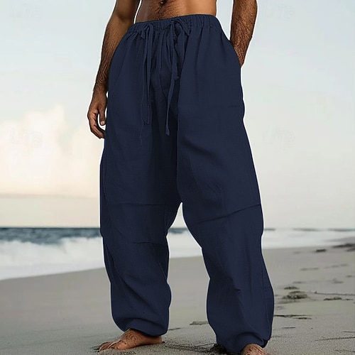 Herren Leinenhose Hose Hosen Sommerhosen Strandhose Kordelzug Elastische Taille Falten Glatt Komfort Atmungsaktiv Casual Täglich Festtage Modisch Klassicher Stil Schwarz Weiß Image