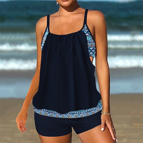 Damen Tankini Bikini, Zweiteiler Ringer-Rücken-Kleid Bademode Blumen Badeanzug Schwarz Blau Atmungsaktiv Schnelltrocknend Leichtgewichtig Ärmellos - Schwimmen Surfen Strand Sommer Frühling Image