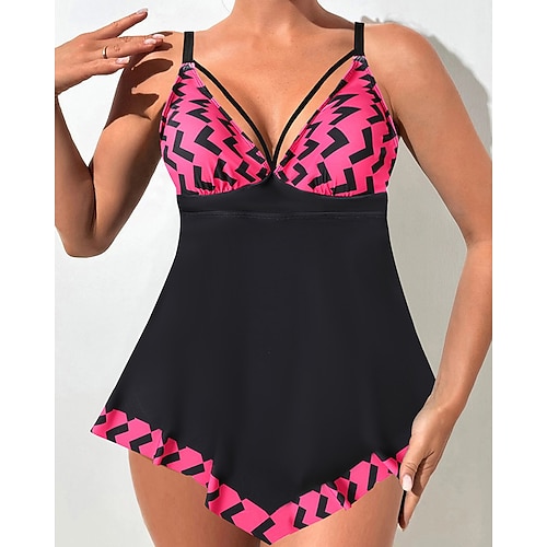 Damen Tankini Bikini, Zweiteiler V-Ausschnitt Bademode Badeanzug Schwarz / Weiß Weiß Atmungsaktiv Schnelltrocknend Leichtgewichtig Ärmellos - Schwimmen Surfen Strand Sommer Frühling Übergröße Image